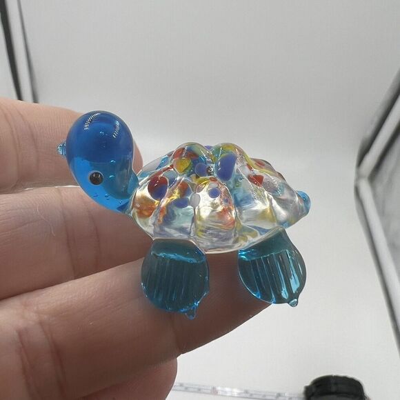 MINIATURE Art GLASS Blue Turtle FIGURINE Multicolor Tiny Collectible Trinket - Picture 1 of 7